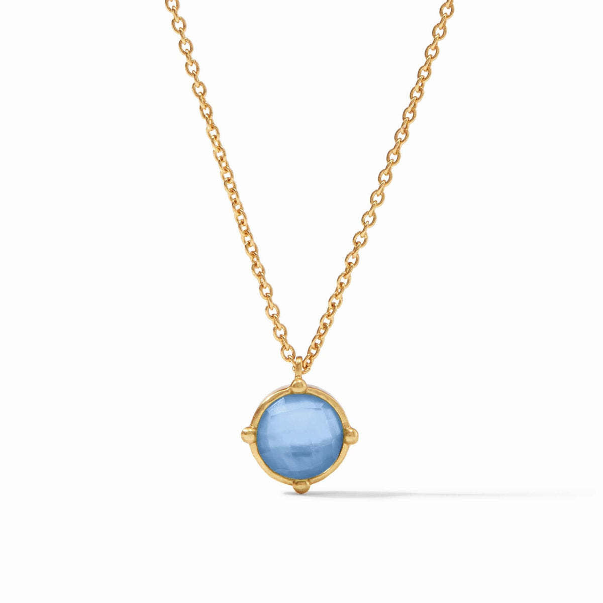 Iridescent chalcedony solitaire necklace with four bead accents on an adjustable cable chain