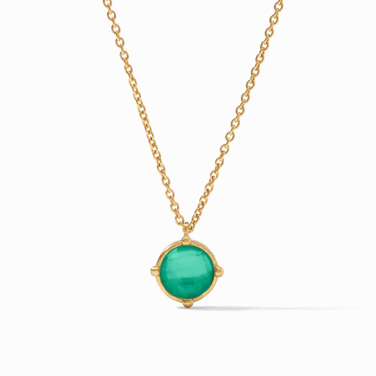Iridescent emerald green faceted gemstone solitaire necklace with four beads on an adjustable cable chain.