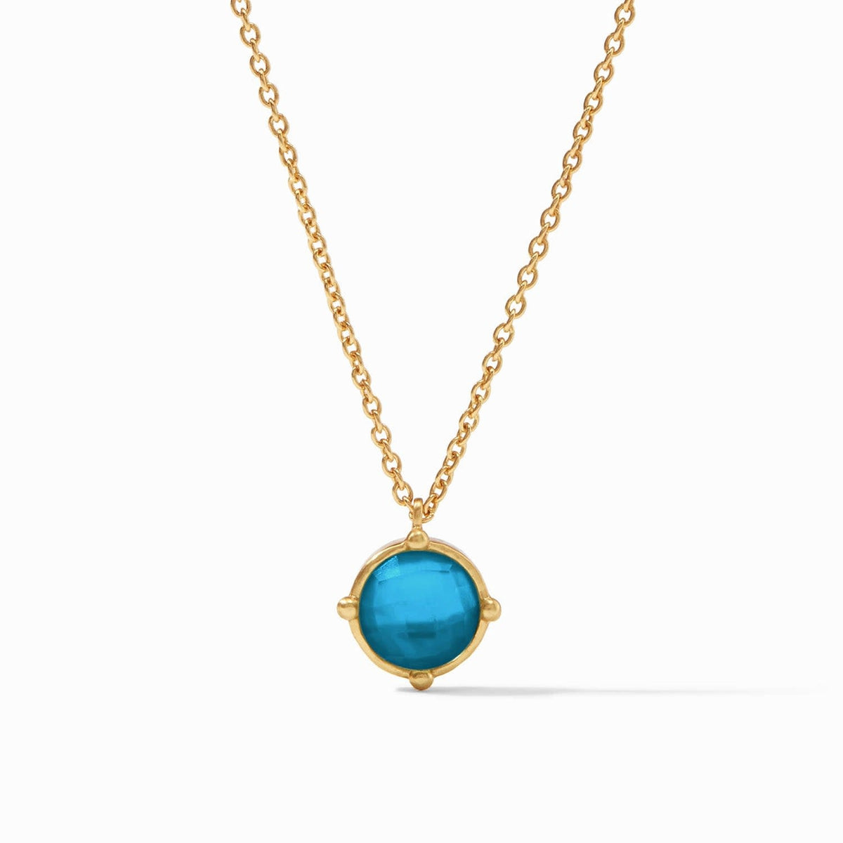 Iridescent London Blue faceted gemstone solitaire necklace with four beads on an adjustable cable chain.
