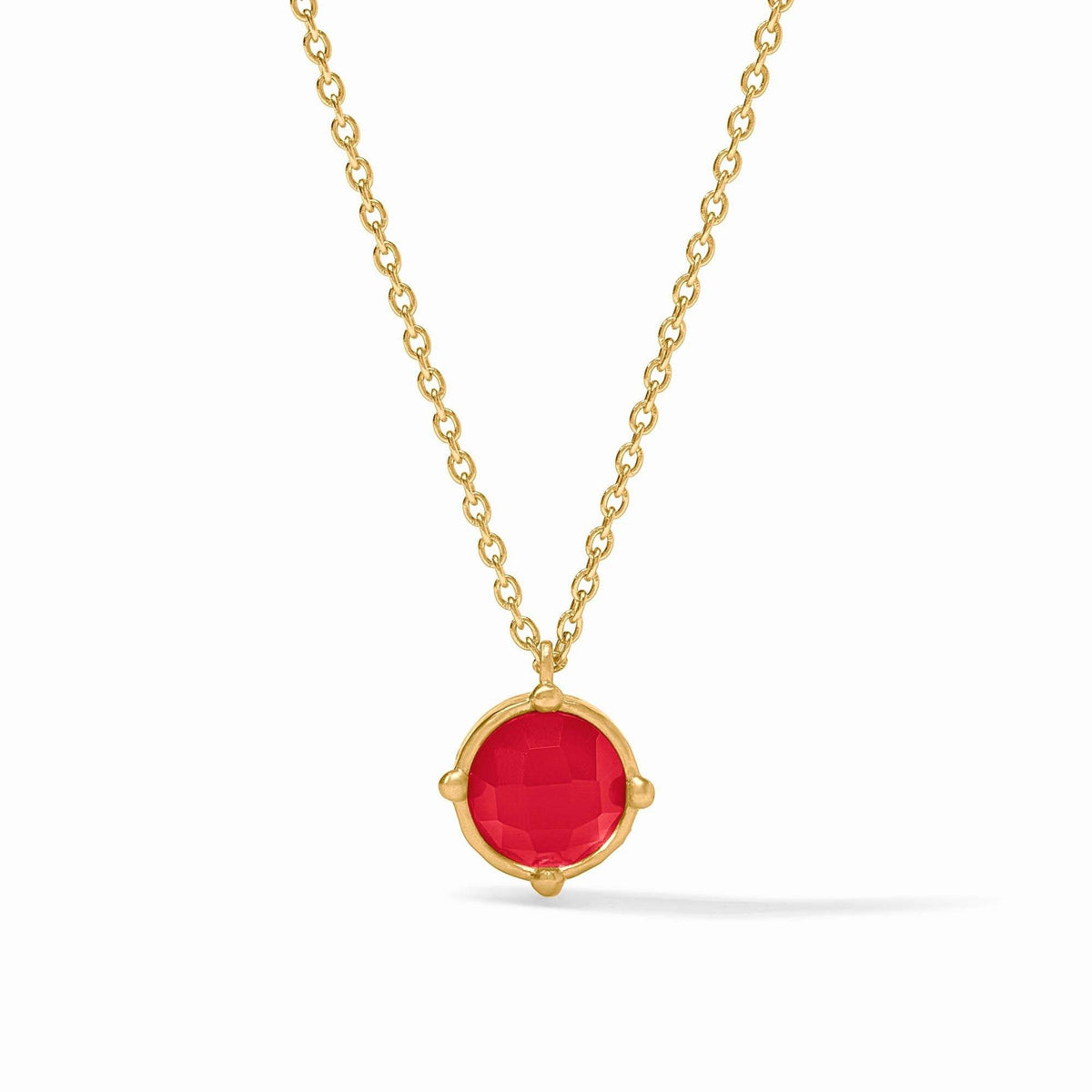 Iridescent strawberry faceted gemstone solitaire necklace with four beads on an adjustable cable chain.