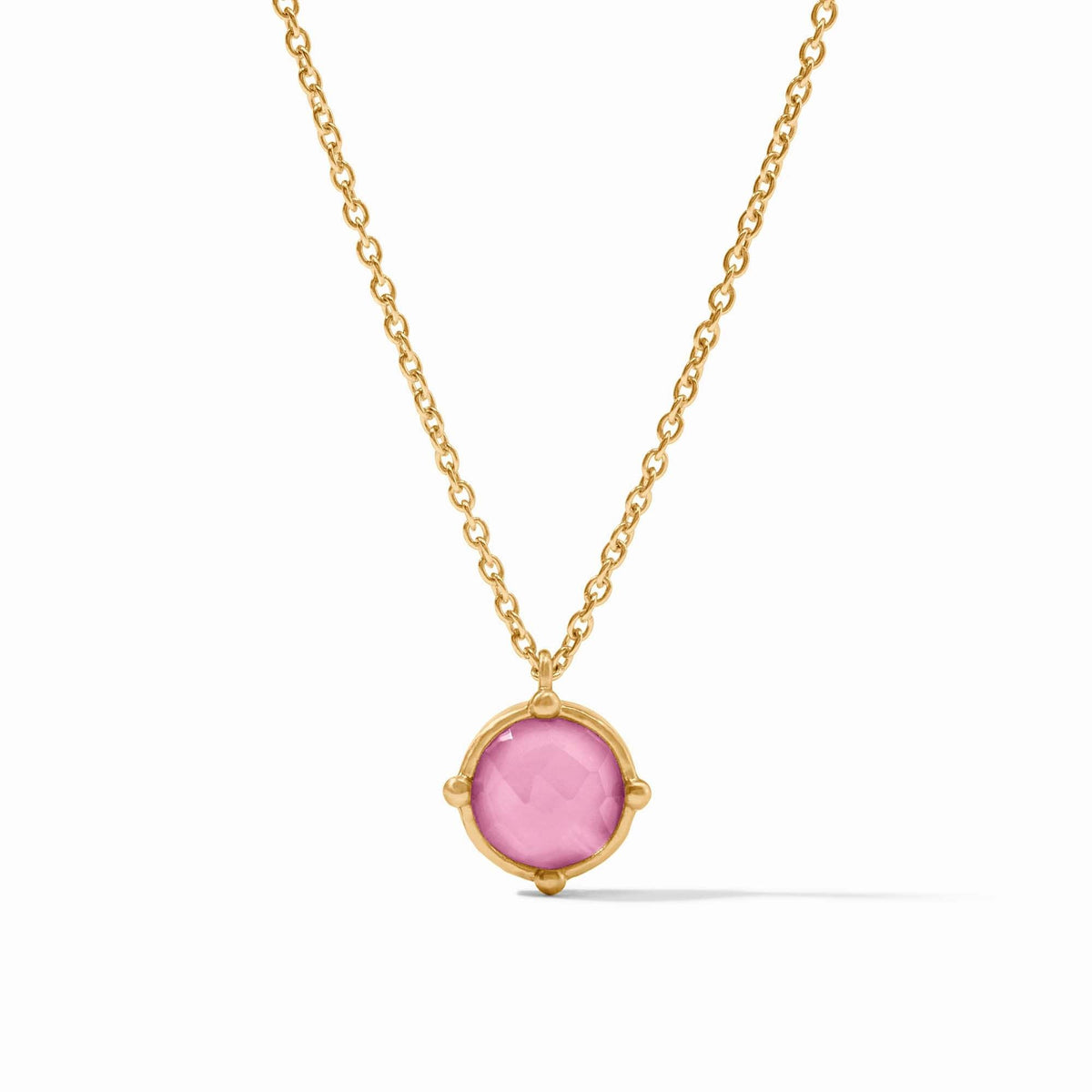 Iridescent tourmaline solitaire pendant with four bead accents on a delicate cable chain necklace.