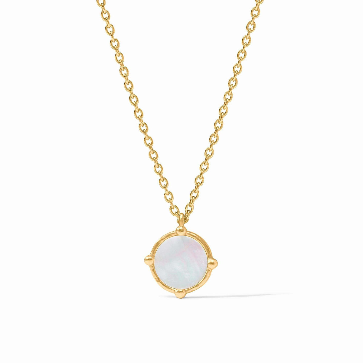 Mother-of-pearl faceted solitaire pendant with four beads on an adjustable cable chain necklace.