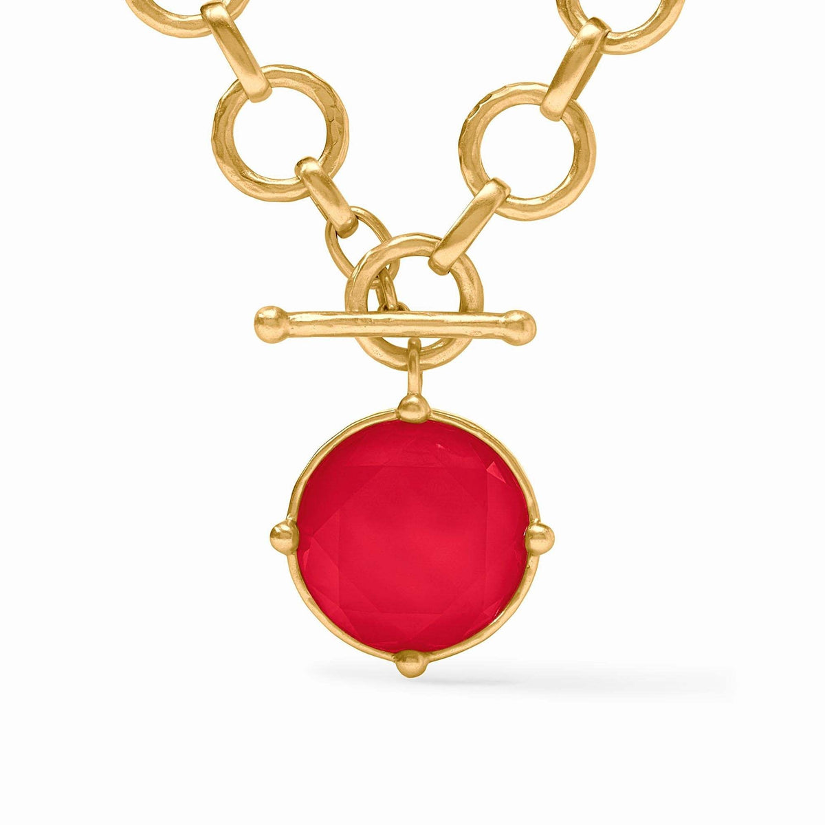 Iridescent strawberry statement necklace with hammered gold links and a round pendant featuring an iridescent glass bee cameo.