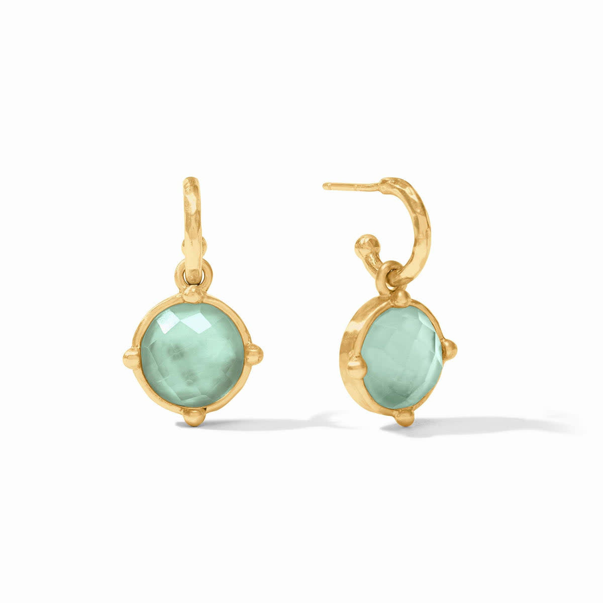 Iridescent aquamarine blue honeybee hoop earring with charm detail