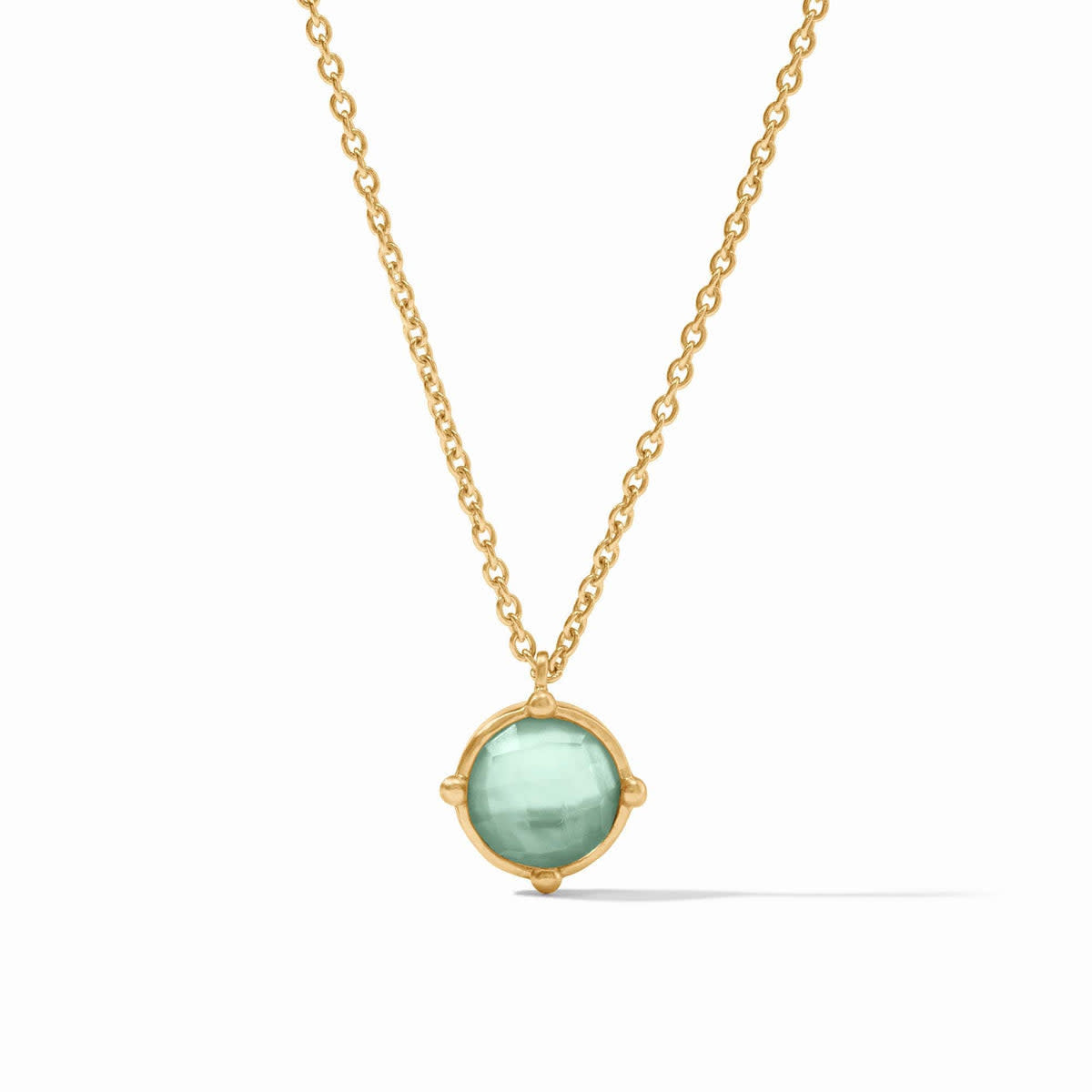Iridescent aquamarine blue faceted gemstone solitaire necklace with four bead accents on a delicate cable chain.