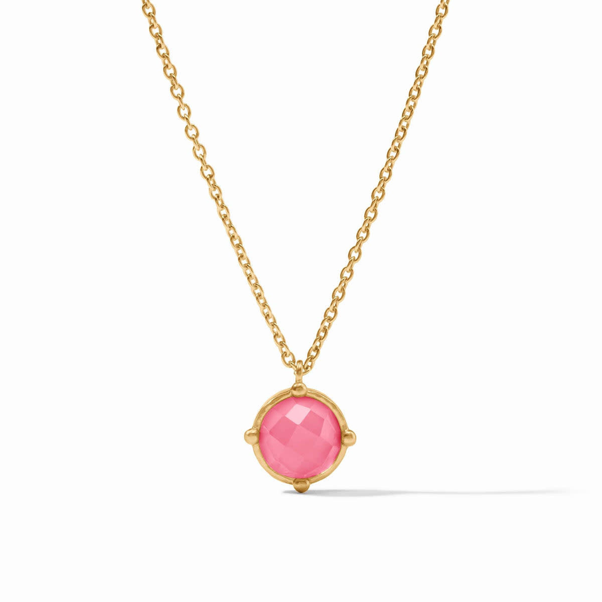 Iridescent peony pink faceted gemstone solitaire necklace with four beads on an adjustable cable chain.