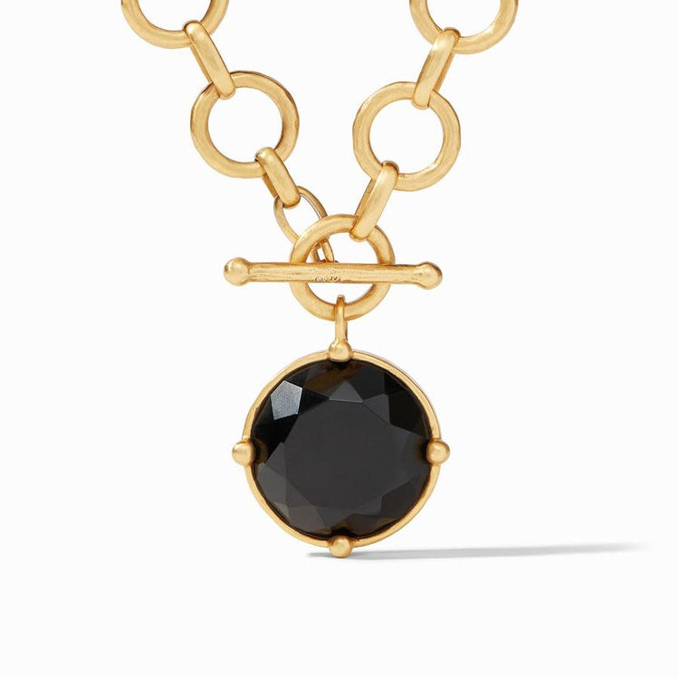Gold-plated honeybee statement necklace with black obsidian glass beads on a hammered link chain.