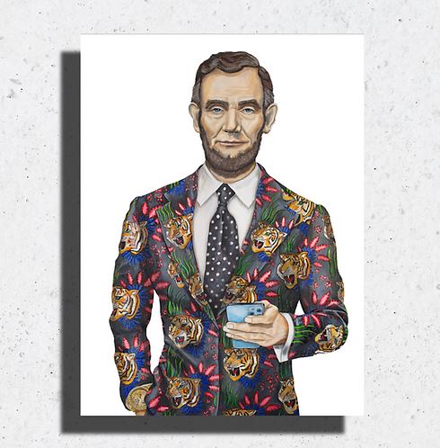 Abraham Lincoln wearing a suit with a tiger print and holding a smartphone.
