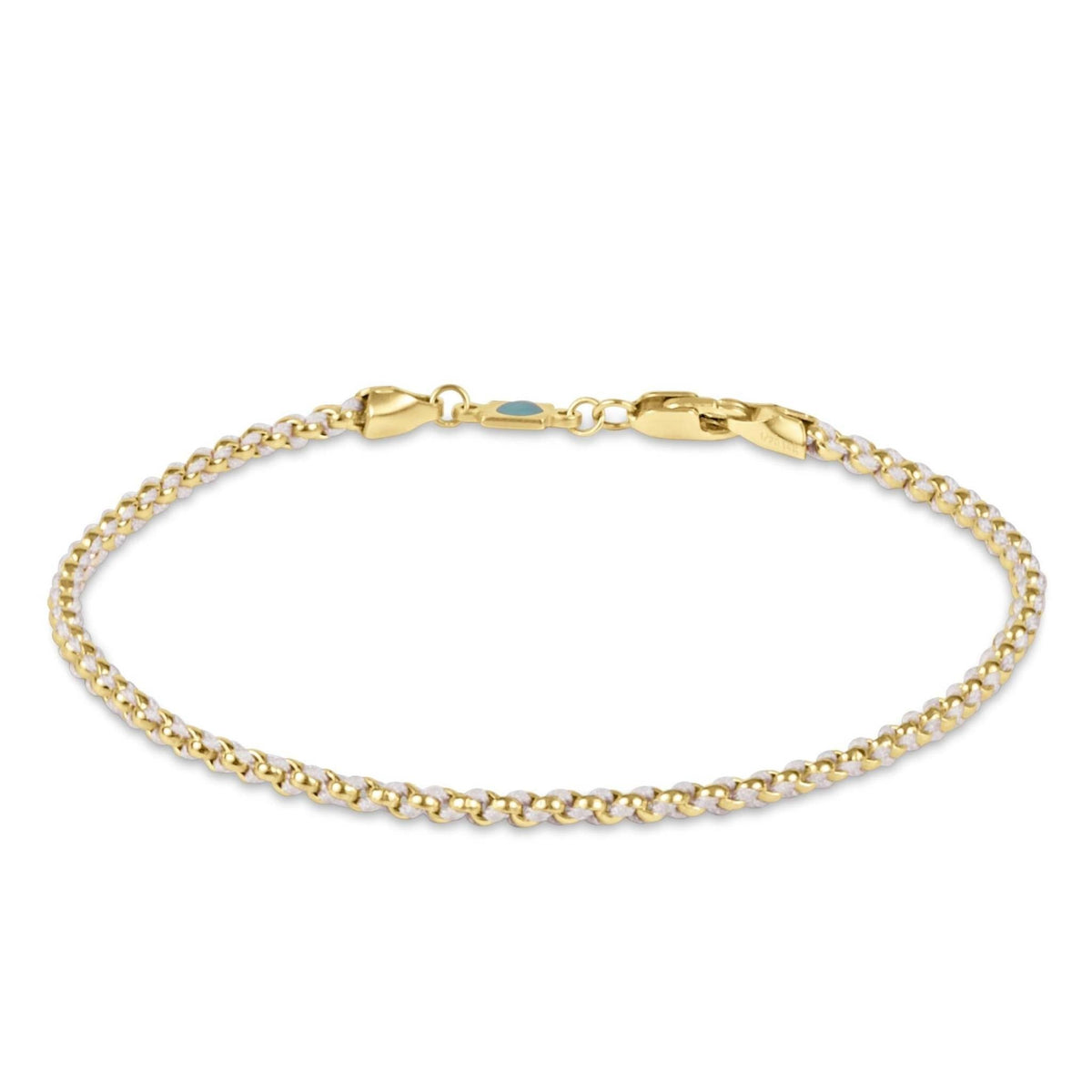 Off-white woven bracelet with gold-filled wire and signature clasp.