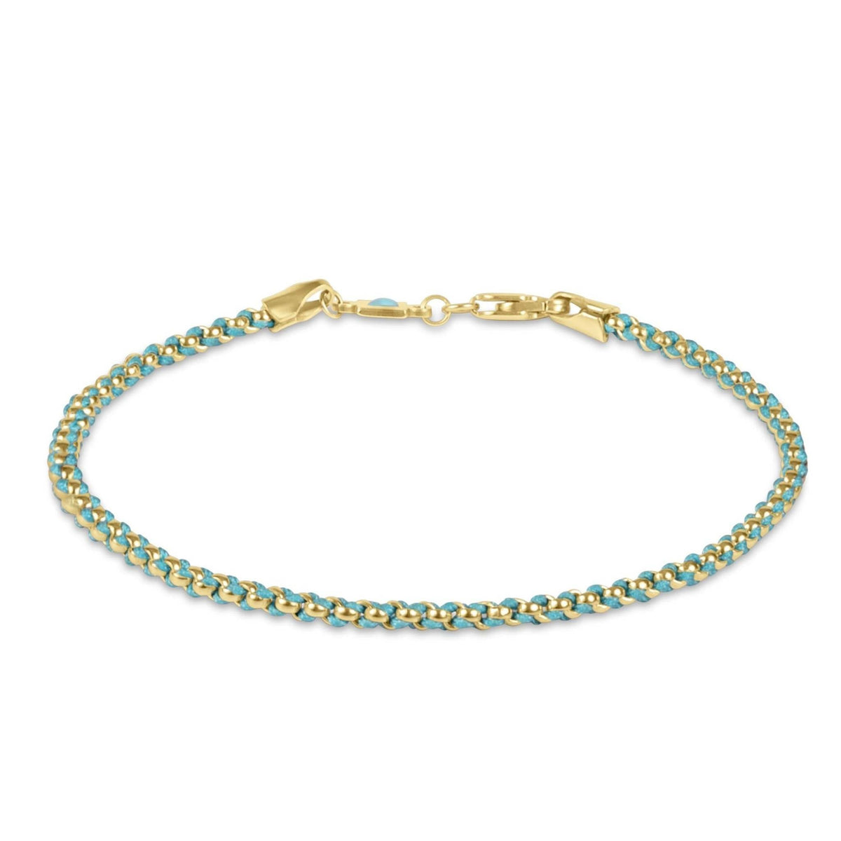 Turquoise woven bracelet with gold-filled wire and signature clasp.