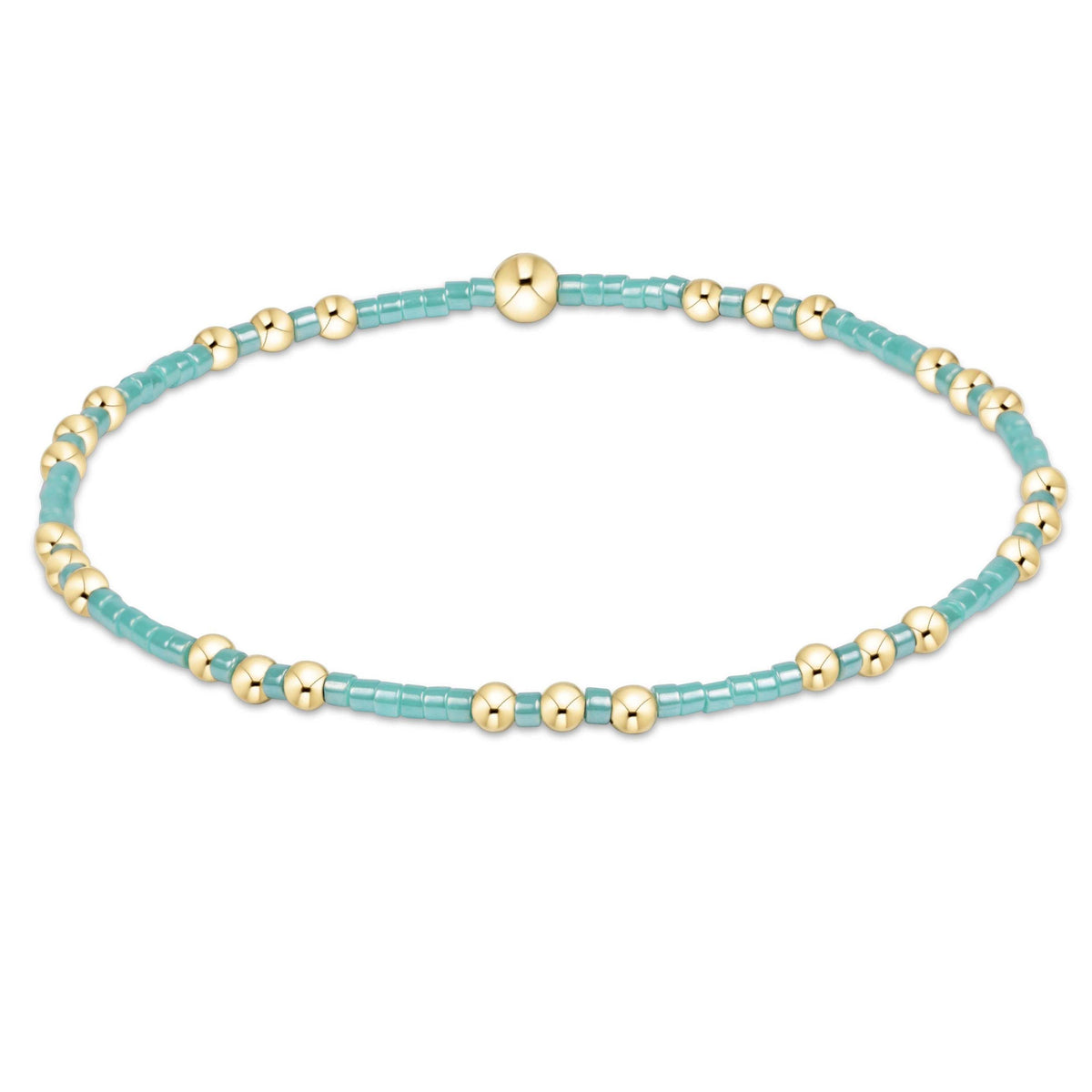 Hand-beaded Hope Joy bracelet in gold with seed beads on elastic