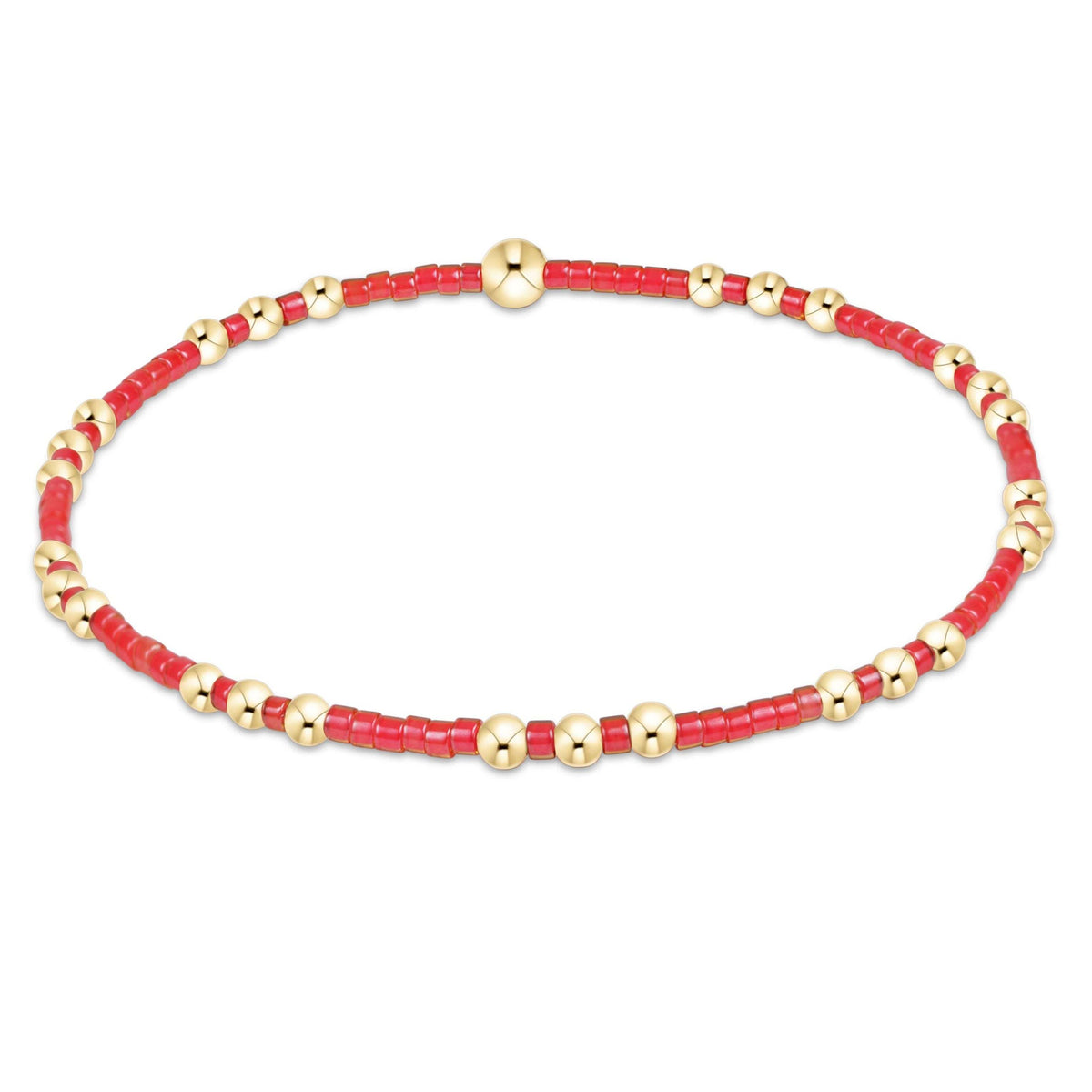 Hand-beaded Hope Joy bracelet in herbert seed beads with gold accents on elastic cord