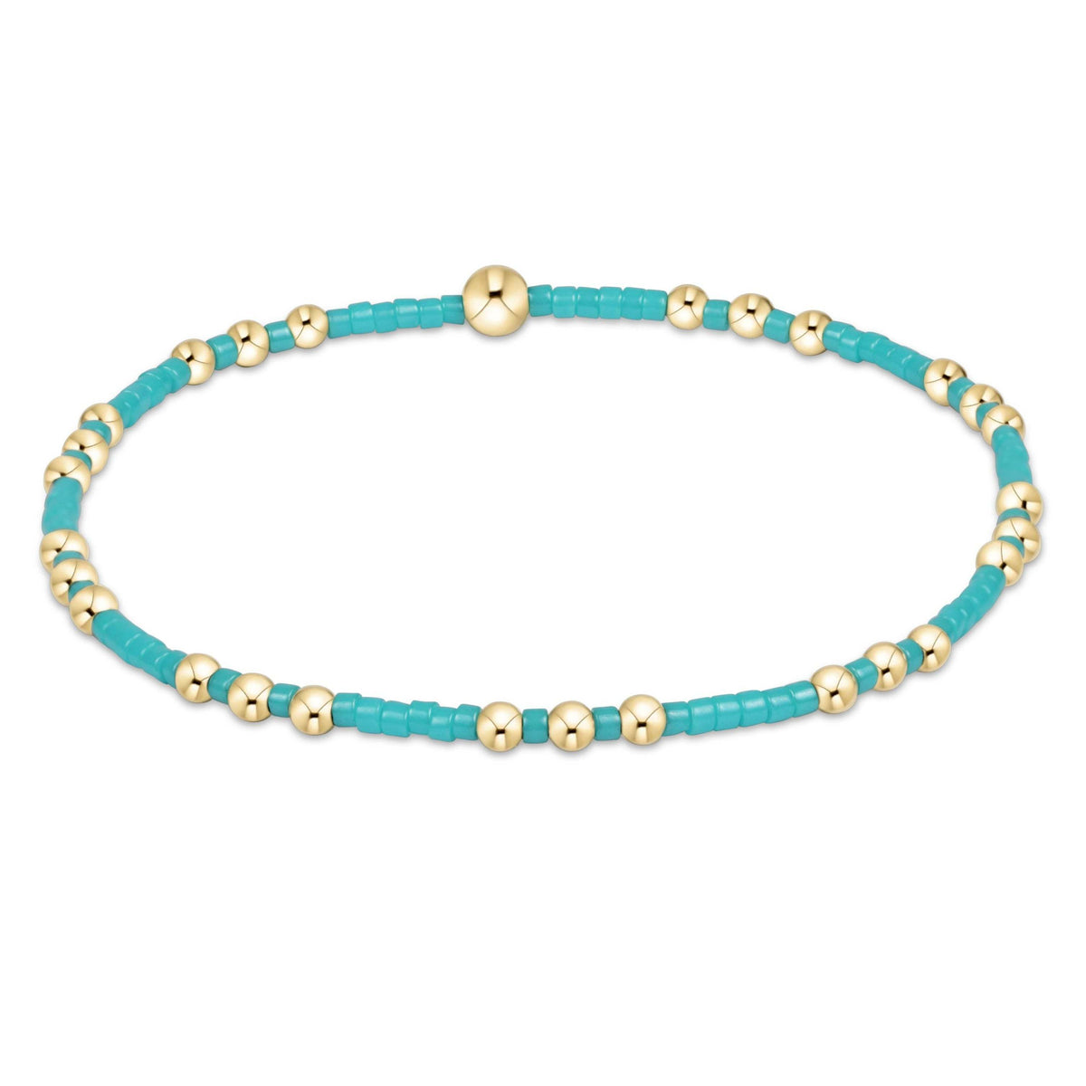 Turquoise seed bead bracelet with gold-filled accents on elastic cord