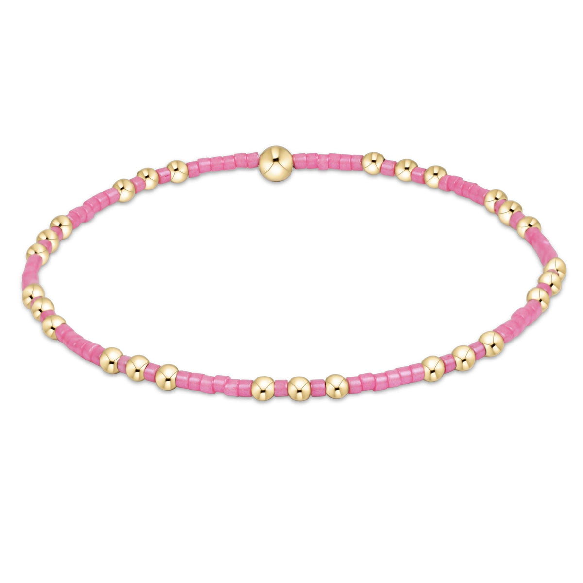 Hope Joy bracelet in bubblegum pink featuring seed beads with gold-filled accents on elastic cord.