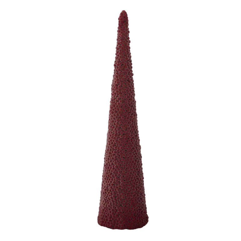 Tall icy red berry cone tree with a frosted finish and textured surface.