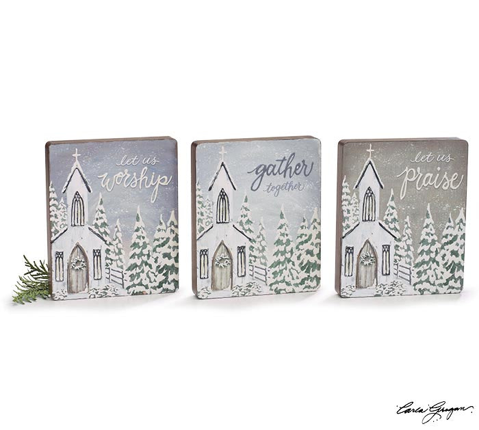 Set of three snowy church shelf sitters with messages: let us worship, gather together, and praise.