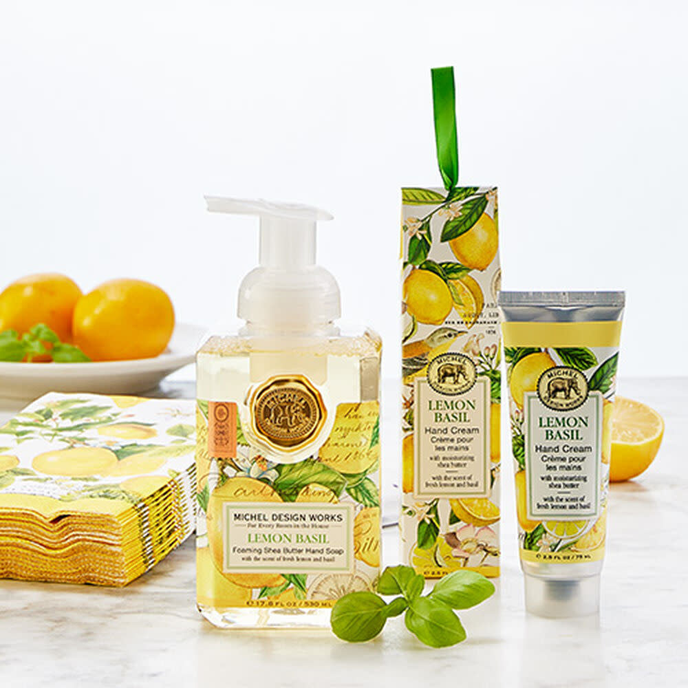 Hostess gift set featuring foaming hand soap, large aloe shea butter hand cream, and triple-ply napkins.