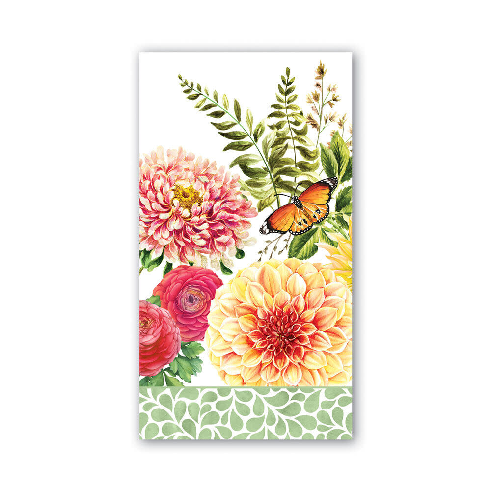 Pack of Hostess napkins featuring a dahlia floral pattern in purple tones.