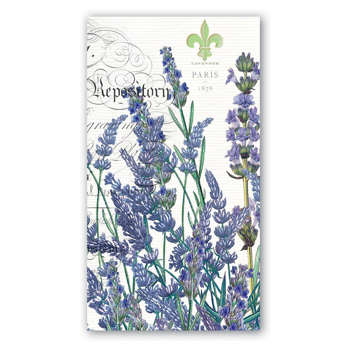Lavender rosemary hostess napkins folded in a rectangular shape.