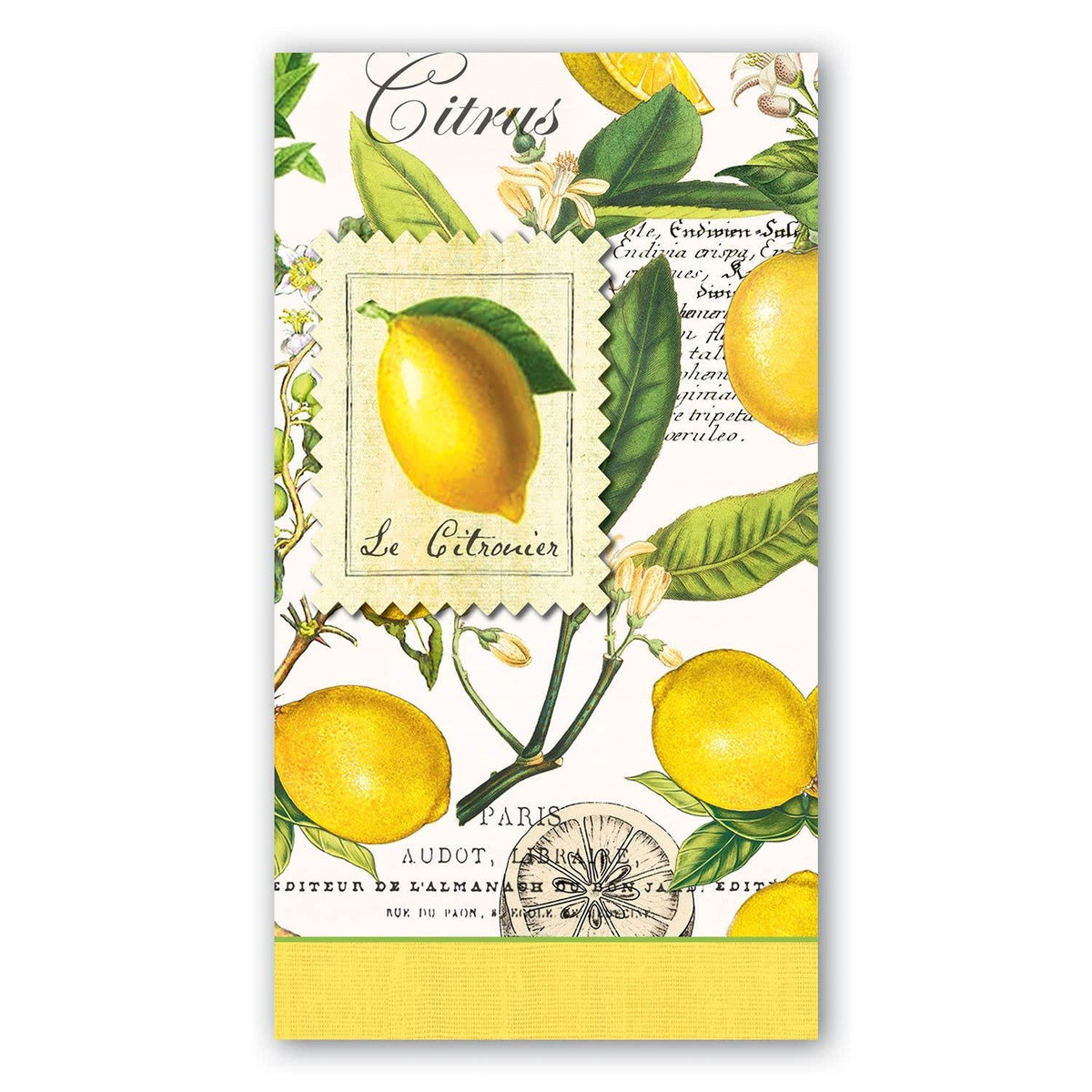 Packaged Hostess napkins in lemon basil scent with a green herb pattern.