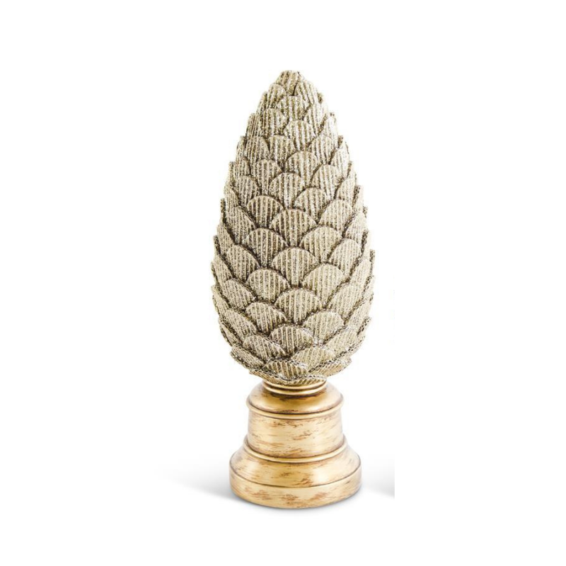 Scalloped gold glittered resin pinecone on a tiered gold pedestal base.