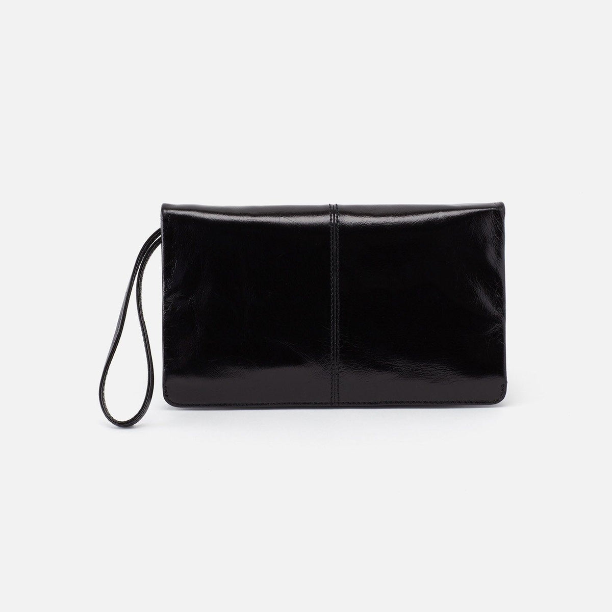 Antique brass brushed leather wristlet with zip closure, interior card slots, ID holder, and vented pocket.