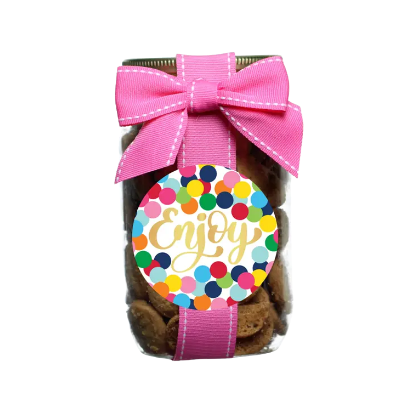 Confetti Dot Cookie Pint Jar with a pink ribbon bow and a colorful polka dot "Enjoy" sticker.