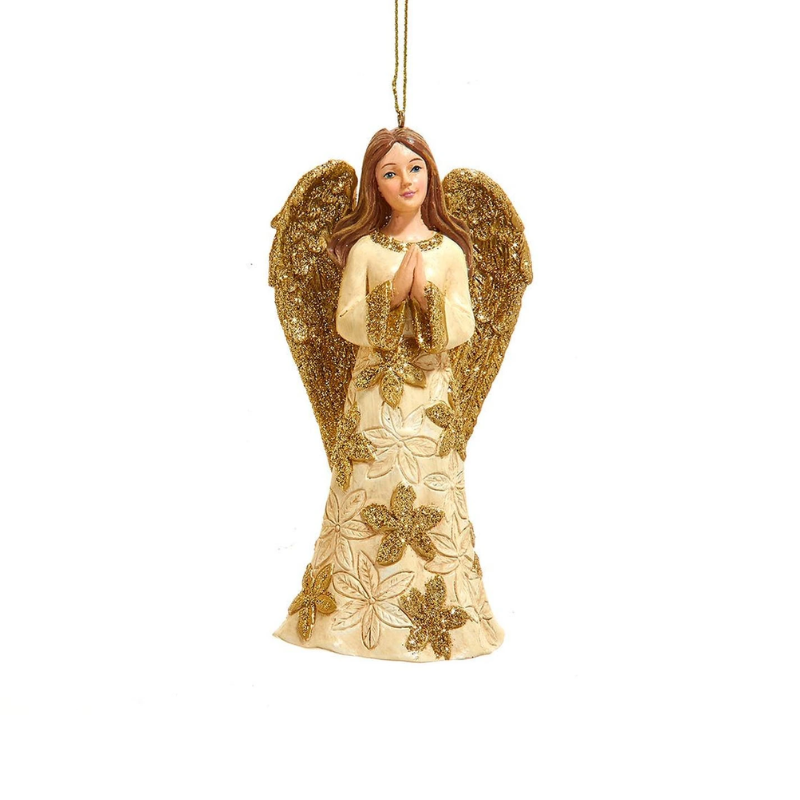 Ivory and gold praying angel ornament with glittery wings and floral gown details.