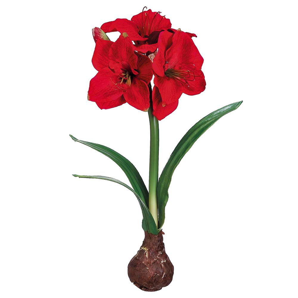 Standing artificial amaryllis with bulb in a decorative pot