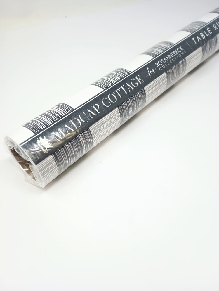 Rolled Graphite Gin Lane Plaid table runner by Madcap Cottage for Rosannebeck Collections.