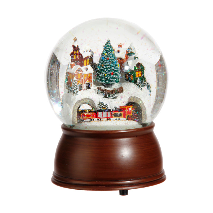6.5-inch musical snow globe with a snowy village, Christmas tree, and a red train on a wooden base.
