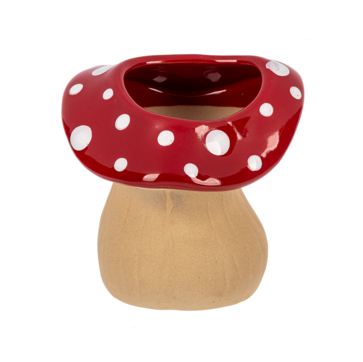 Multi-colored mushroom-shaped ceramic planter with dimensions 4-3/8 inches wide and deep.