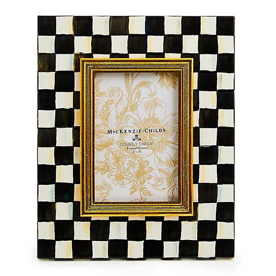 Courtly Check Enamel Frame with hand-painted black and white checks and a gold inner border.