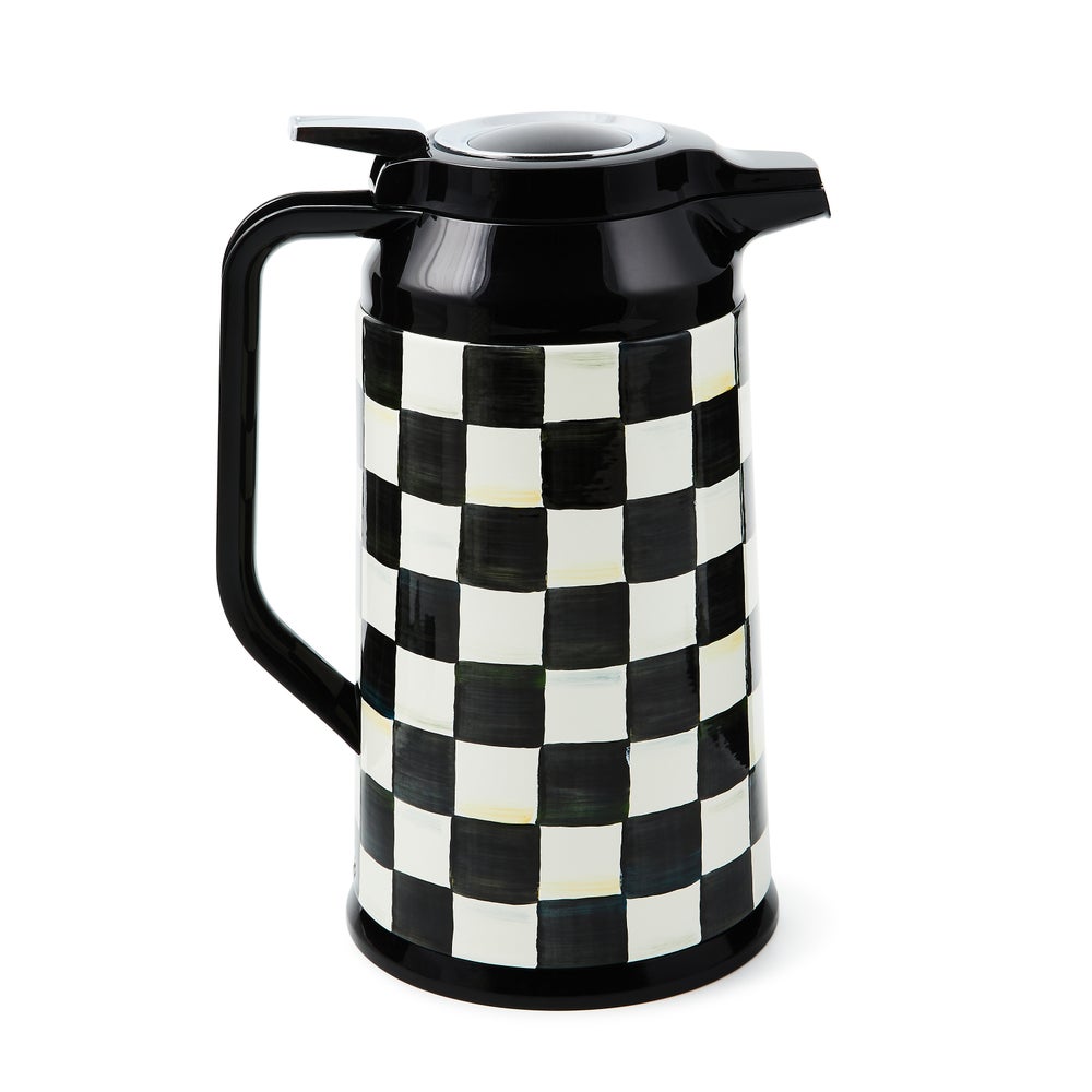 Hand-glazed steel coffee carafe with hand-painted Courtly Check pattern