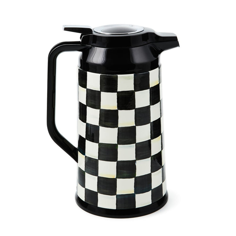 Hand-glazed steel coffee carafe with hand-painted Courtly Check pattern
