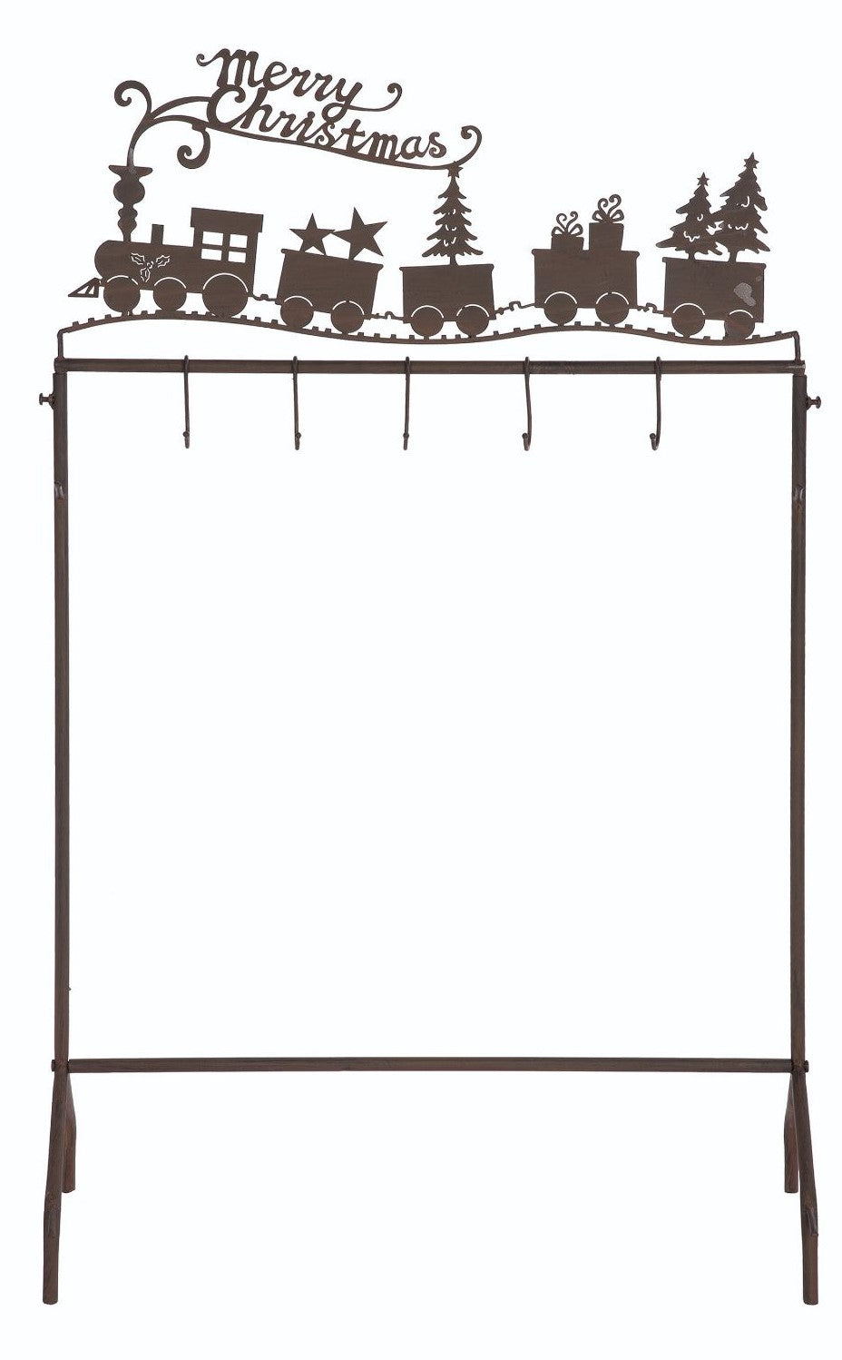 Metal Christmas train stocking holder with a festive red engine locomotive pulling green passenger cars.