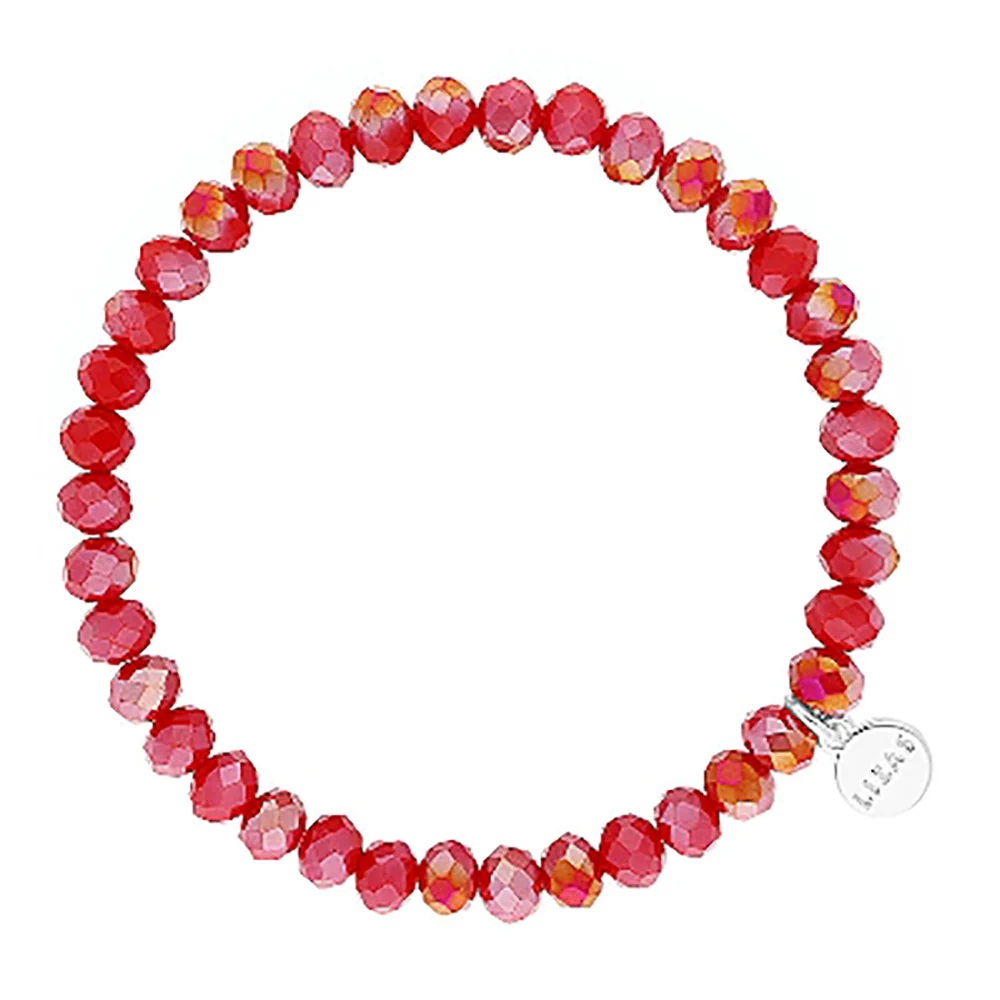 Lizas Quadro Big Bright Colours stretch bracelet with faceted red crystal beads and silver charm.
