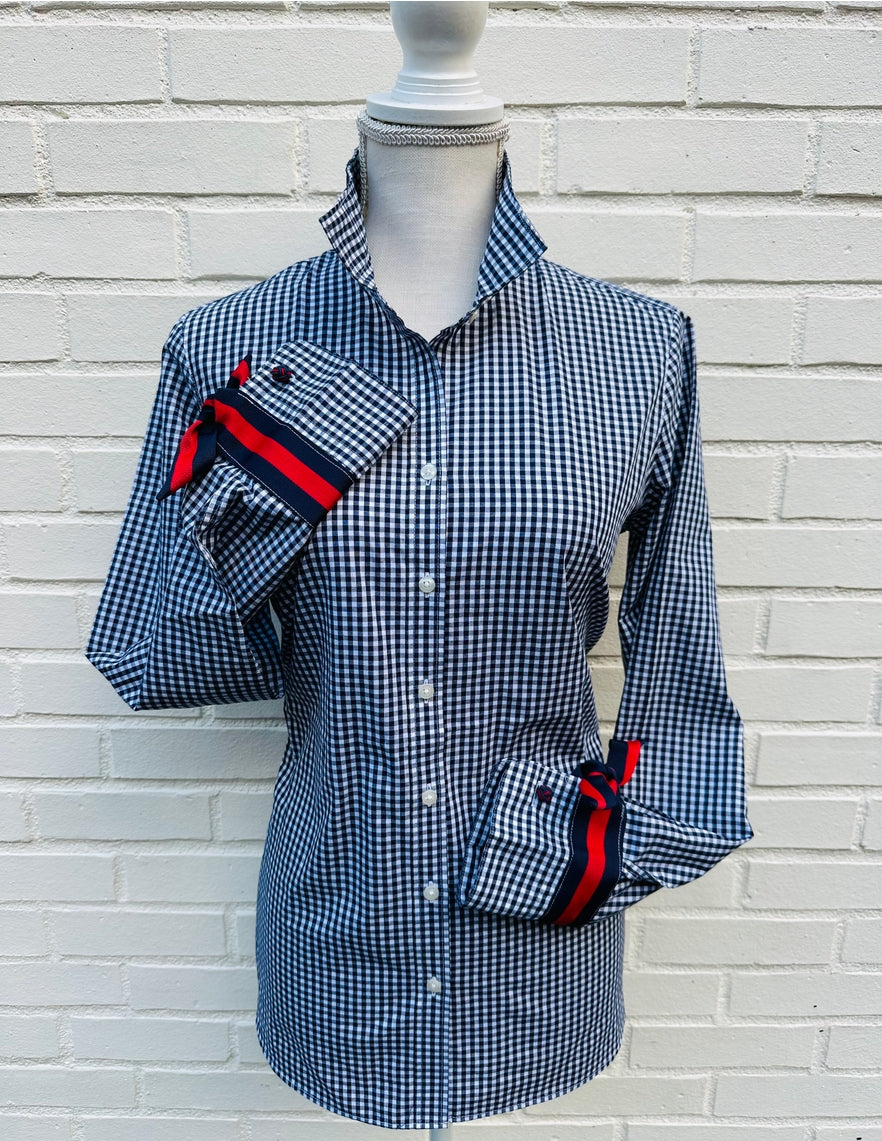Navy gingham Audrey Ribbon Fc shirt with grosgrain ribbon collar detail and silk knot cufflinks.