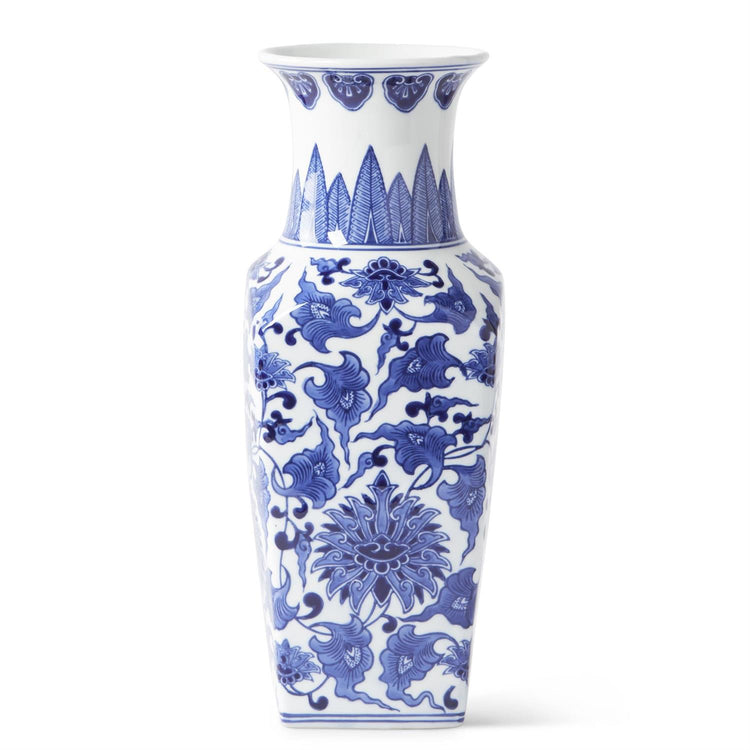 Square ceramic vase in blue and white chinoiserie pattern with a glossy finish.