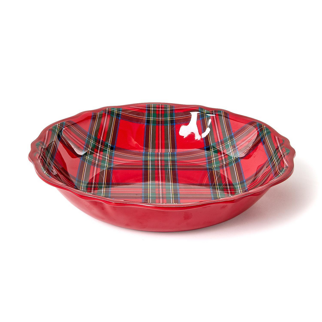 Round red tartan plaid melamine bowl with a scalloped rim.