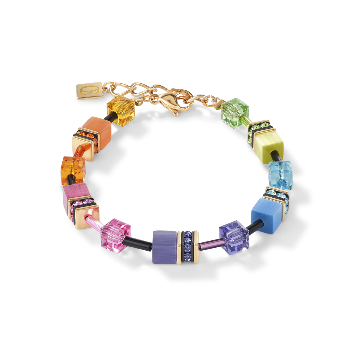Geocube bracelet with multicolour rainbow cubes, Swarovski crystals, and gold-plated steel clasp.