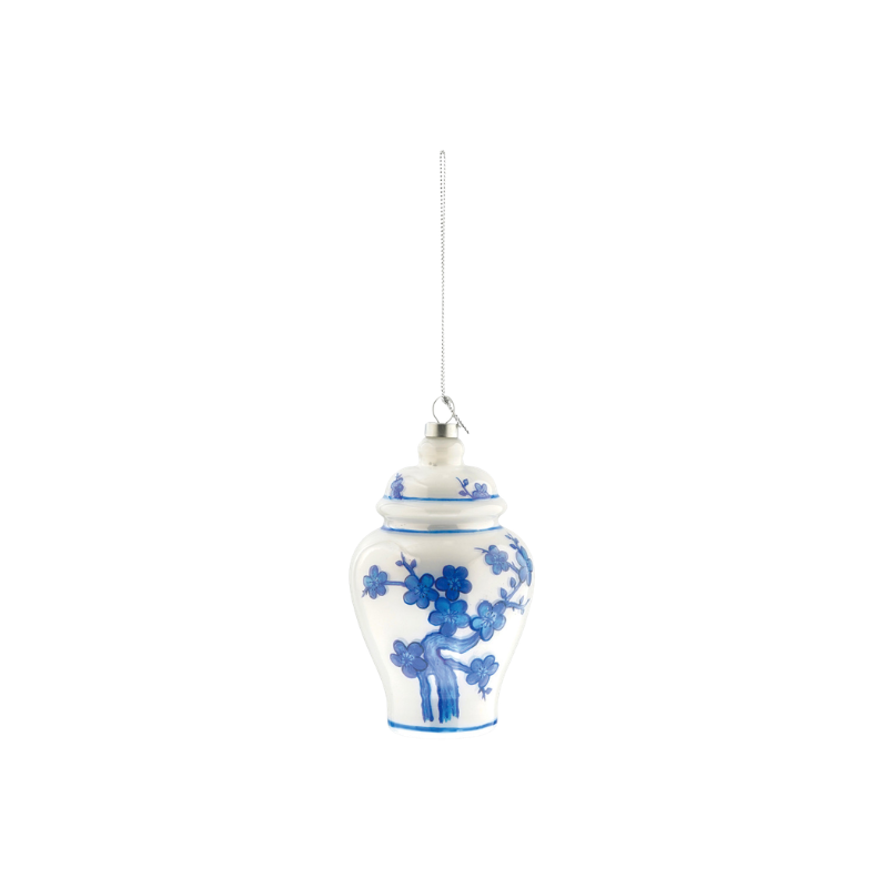 White glass ginger jar ornament with hand-painted blue floral motifs and a silver hanging string.