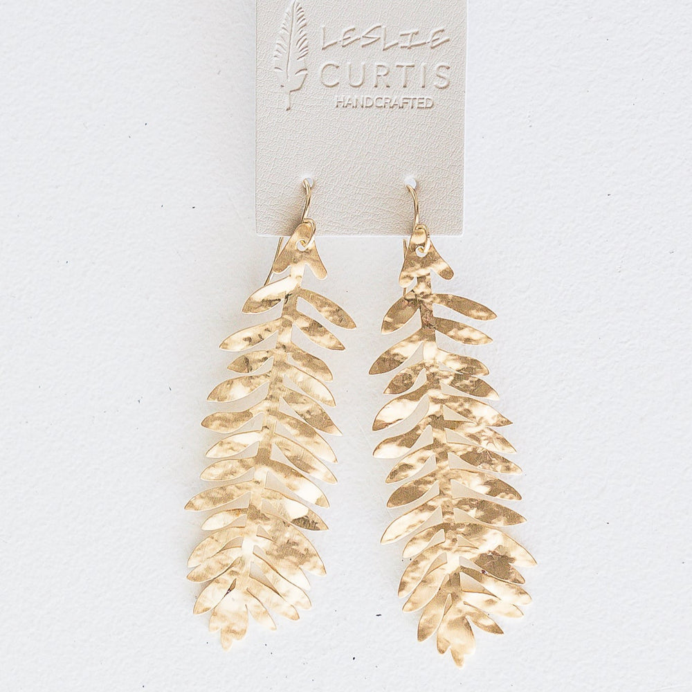 3-inch hammered leaf gold earrings with organic leaf silhouette