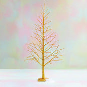 Gold tree-shaped decoration with pink LED lights on a white background.