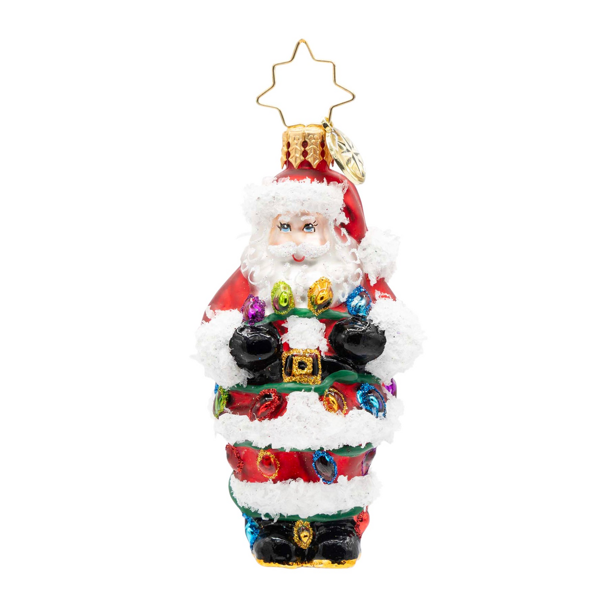 Glass Santa Claus ornament tangled in a colorful string of Christmas lights with glitter accents.