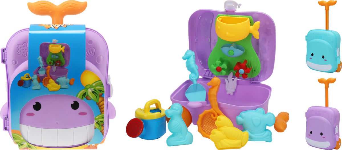 Beach wheelbarrow set with sand molds, shovel, rake, watering can in a carrying case.