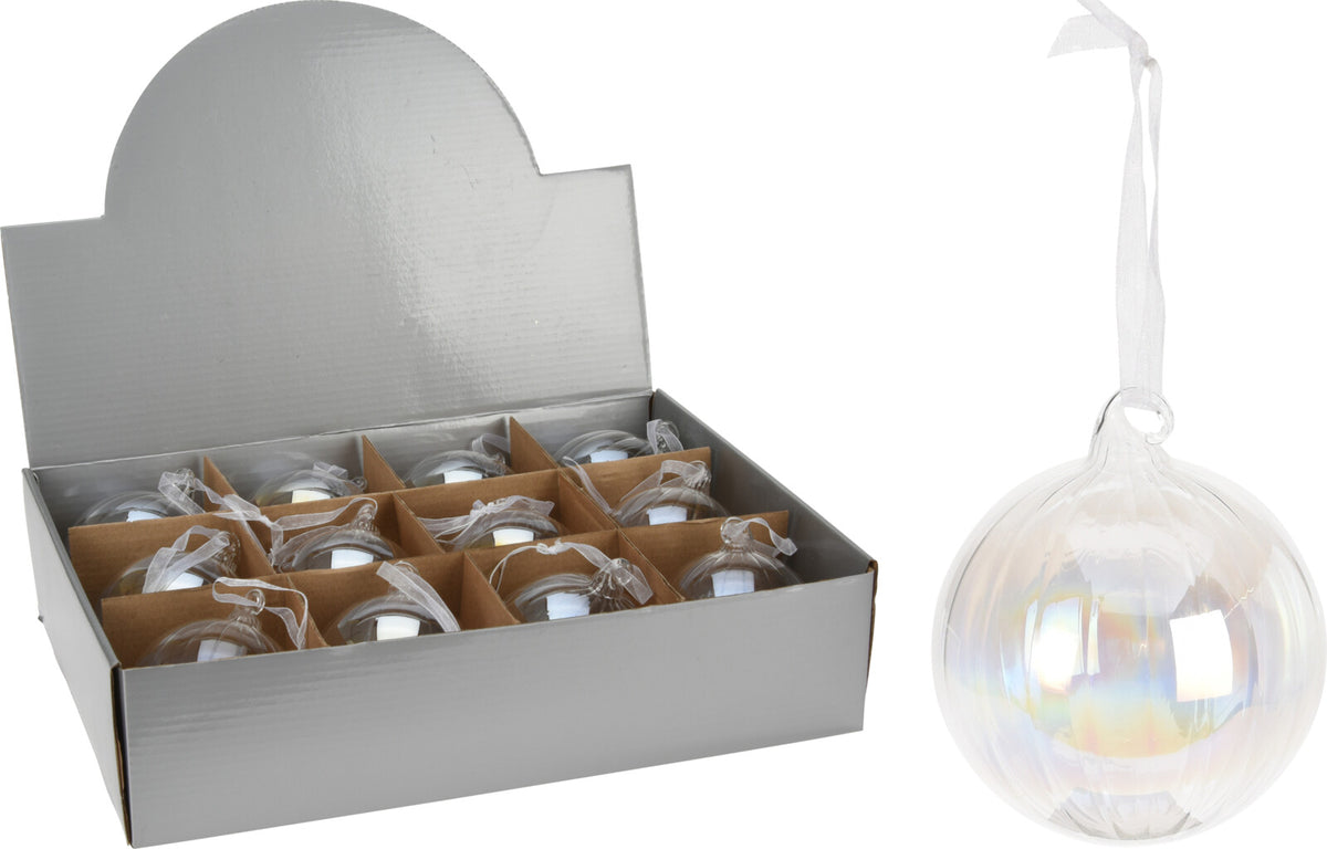 Iridescent glass Christmas ball with vertical stripes and a white hanging ribbon.