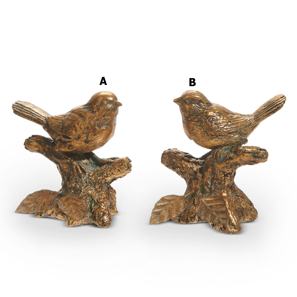 Antique gold resin bird perched on a branch with textured wings