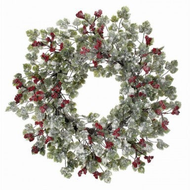 24-inch frosted mini grape leaf and red berry wreath on a wired twig base.