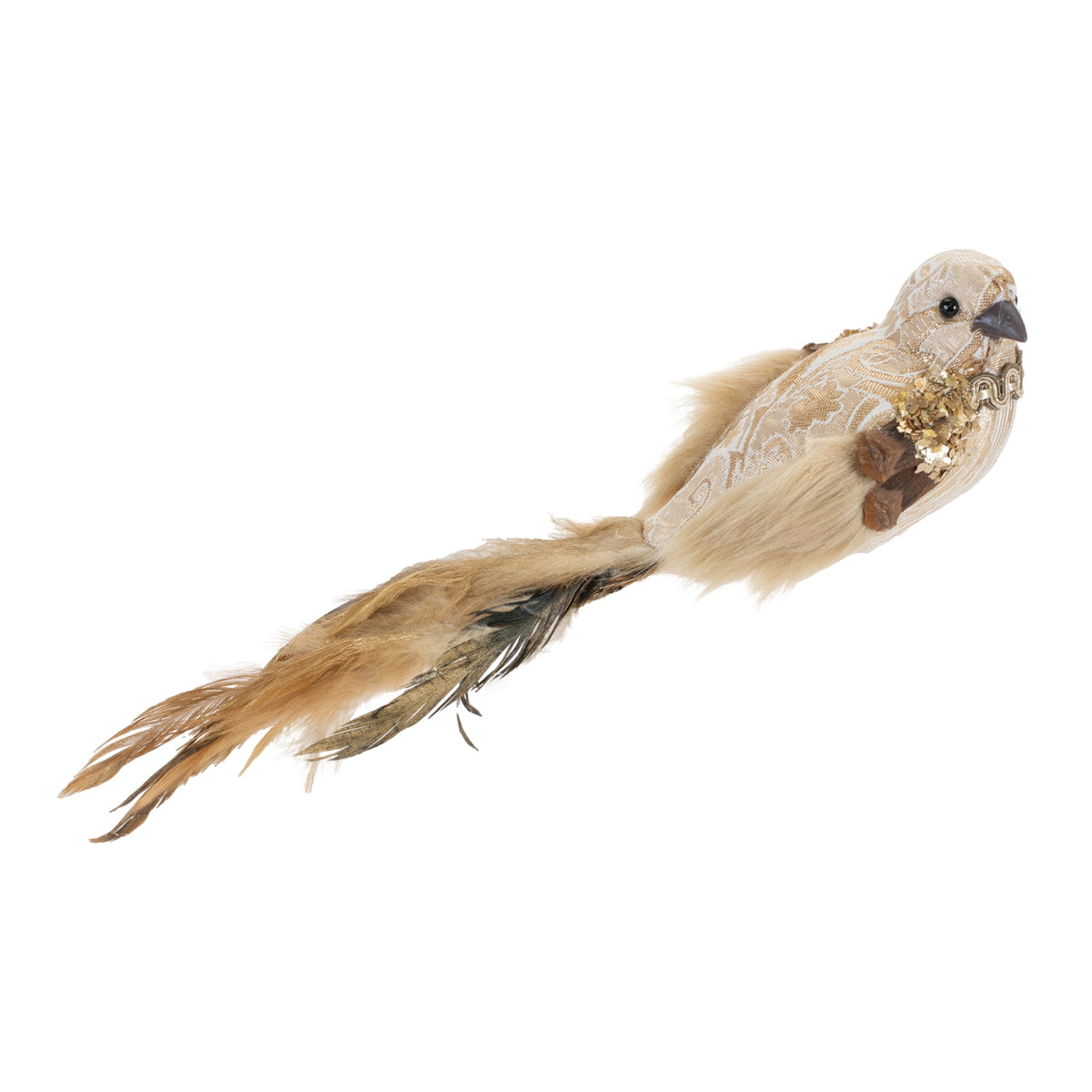 Fancy bird ornament with gold fabric, faux fur, and long feathers, 12 inches long.